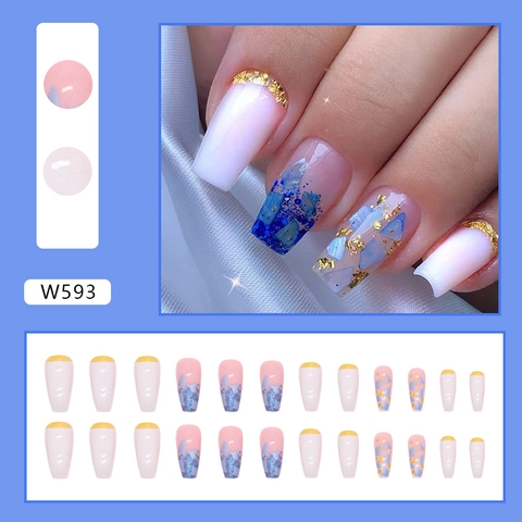 French Tip Coffin Press On Nails Long Artificial Fake Nails Gold Foil Blue Glitter Fragments Luxury Manicure Decoration