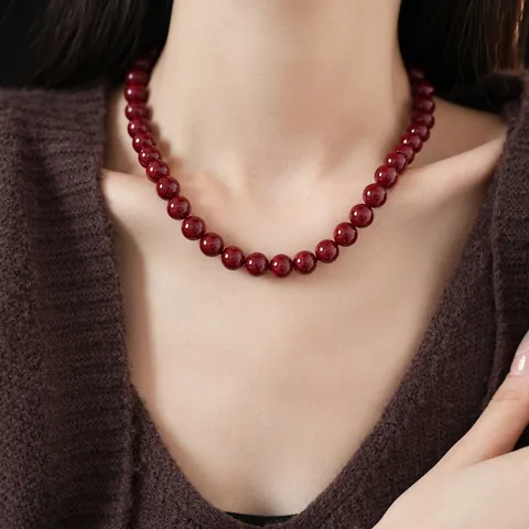 Collier De Perles Rondes Rouges Avec Rallonge En Acier Inoxydable Et Perles De Verre Bijoux Élégants Vintage Pour Femmes