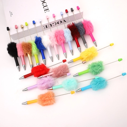 Creative Plush Ball Ballpoint Pen DIY Beaded Fluffy Faux Fur Rotating Pen Office School Stationery Macaron Colors