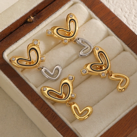 Stainless Steel Heart Stud Earrings With Zirconia And Black Enamel Double Heart Minimalist Trendy For Women