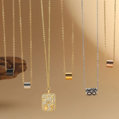 Minimalist Copper Pendant Necklace With Zircon And Drip Oil Geometric Square Cylinder Lucky Charm Jewelry For Women
