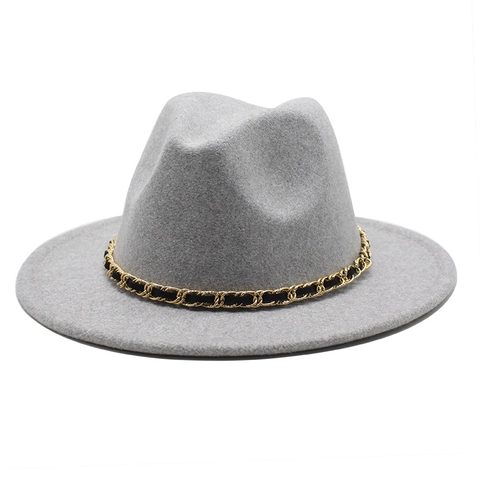 Fedora Hat Wool Felt Wide Brim With Gold Metal Chain And Black Ribbon Retro British Style Vintage Jazz Cap For Women Autumn Winter