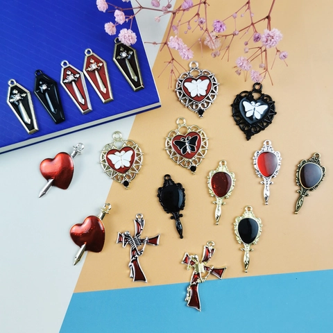 Gothic Halloween DIY Charms Enamel Alloy Coffin Cross Butterfly Heart Mirror Pendants For Jewelry Making Accessories