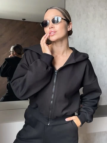 Women Casual Athletic Loungewear Hoodie And Jogger Pants Polyester Knit Fabric Solid Color Zip Up Hooded Long Sleeve