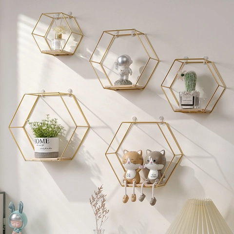 Scaffale Da Parete Esagonale Nordico Rack Di Stoccaggio Galleggiante Metallo Con Base In Legno Decorativo Geometrico Casa