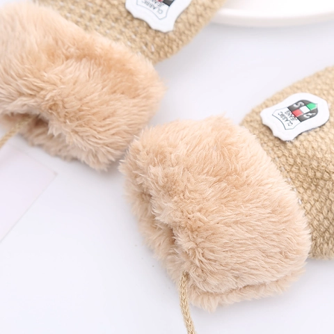 Kids Winter Knitted Mittens Double Layer Fleece Lined Warm Gloves With Neck String Shield Patch For Toddlers Boys Girls