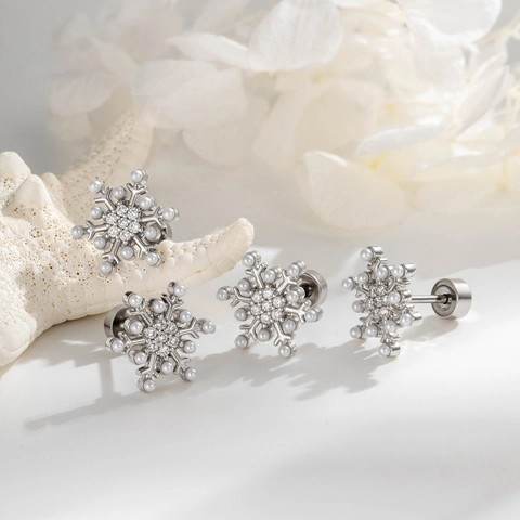 Sneeuwvlok Oorkraakbeen Stud Koper Titanium Staal Piercing Oorbel Met Zirkoon Kunstparelimitatie Schroefsluiting Franse Luxe Vintage