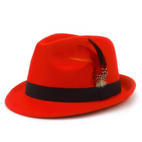 Klassischer Fedora Hut Polyester Wollfilz Mit Bunter Feder Schleife Retro Britischer Stil Jazz Trilby