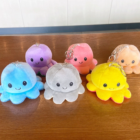 Reversible Octopus Plush Keychain Flip Double Sided Expression Key Ring Cute Soft Stuffed Animal Bag Charm Accessory