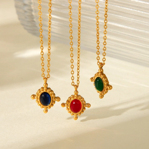 Collana Ciondolo Retrò Acciaio Inossidabile Gemma Artificiale Ovale Perlato Stile Francese Gioielli Donna Elegante