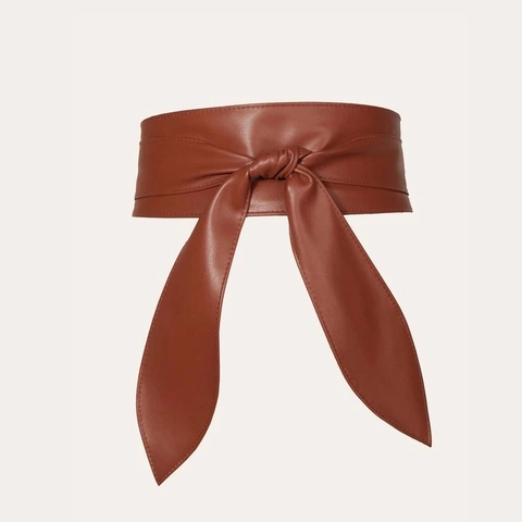 Women French Bow Tie Obi Belt Wide Waist Cincher Retro Faux Leather Wrap Around Bandage Waistband For Dress Fashion Accessory