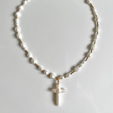 Collana Perle Scaramazze Barocche Rame Placcato Oro Pendente Croce Gioielli Stile Retro Francese Da Donna