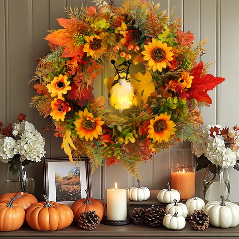 Autumn Sunflower Wreath With Glowing Bee Gnome Maple Leaves Artificial Fall Harvest Door Hanging Decoration