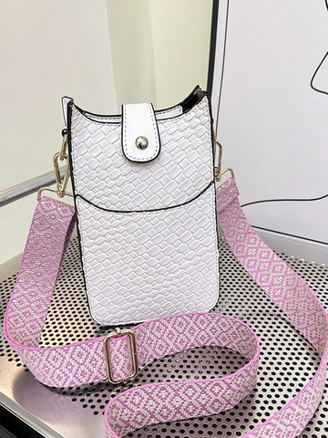 Women Fashion Woven Texture Mobile Phone Crossbody Bag With Wide Geometric Strap PU Leather Small Square Shoulder Bag