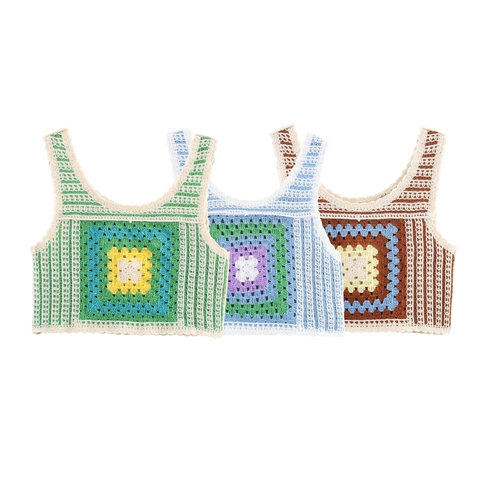 Γυναικείο Πλεχτό Τοπ Με Βελονάκι Vintage Granny Square Αμάνικο Crop Top Boho Στρογγυλή Λαιμόκοψη Γεωμετρικό Μοτίβο