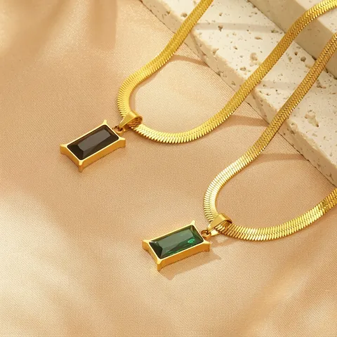 Collana Con Pendente Rettangolare Lusso Vintage Acciaio Inossidabile Catena A Lisca Di Pesce Con Gemma Di Vetro Per Donna