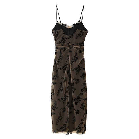 Sexy Bodycon Maxikleid Mit Beflocktem Blumennetz Raffung Ärmellos Spitzensaum Träger Schlankes Elegantes Party Abendkleid