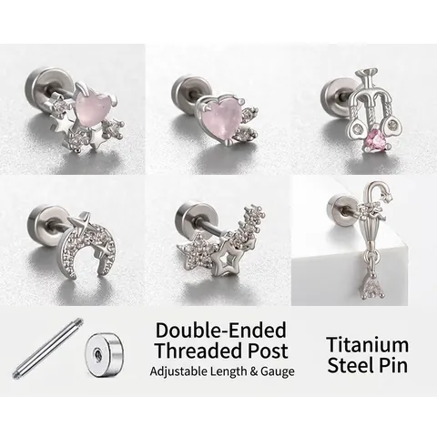 Titanium Steel Heart Moon Star Umbrella Zircon Earring Stud With Screw Back For Cartilage Piercing Cute Fashion Jewelry