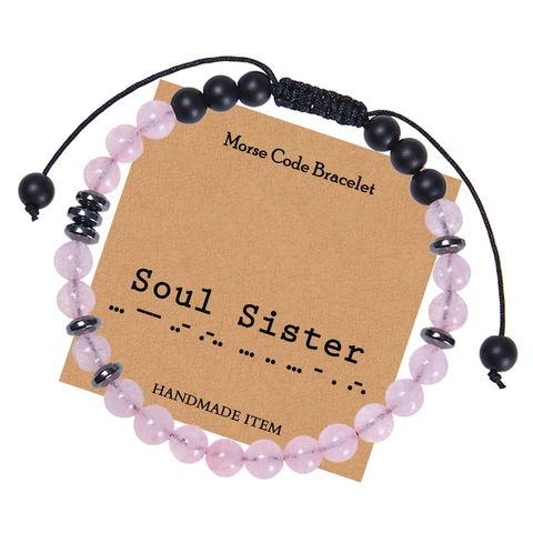 Morse Code Bracelet Natural Stone Pink Crystal Matte Black Beads Adjustable Handmade Soul Sister Friendship Gift Women