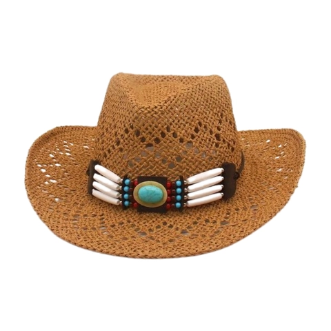 Western Cowboy Hat Breathable Hollow Straw Wide Brim Bohemian Turquoise Beads Vintage Ethnic Beach Sun Outdoor Hat