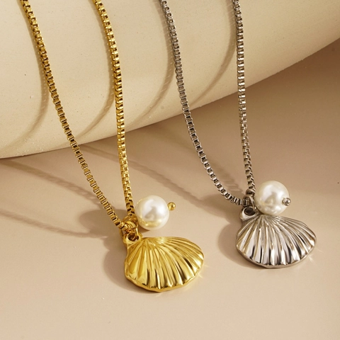 Shell Artificial Pearl Anhänger Halskette Edelstahl Boxkette Retro Ozean Stil Schmuck Für Damen