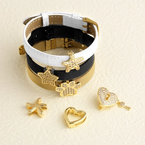 DIY Slide Charms Bracelet Stainless Steel Mesh Band Genuine Leather Strap Gold Plated Zircon Heart Star Sea Star Paw Fashion Jewelry Women