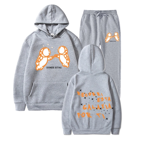 Felpa Con Cappuccio E Pantaloni Da Jogging Da Uomo Poliestere Sport Casual Stampa Astronauta Pullover Largo Streetwear