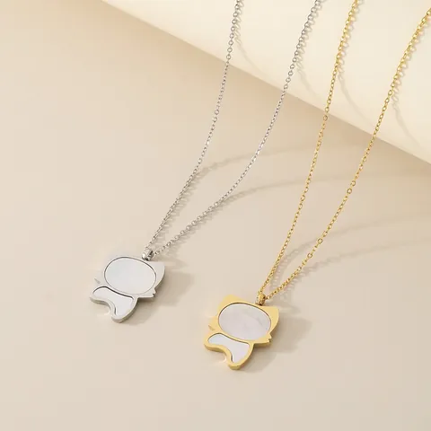 Collana Con Pendente Silhouette Gatto Acciaio Inossidabile Intarsio Conchiglia Bianca Gioielli Moda Coppia