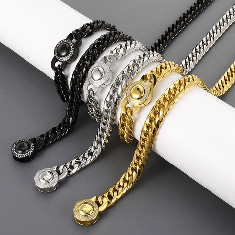 Cadena Cubana Hip Hop Collar Pulsera Acero Inoxidable Pedrería Cierre Redondo Joyería Punk Streetwear Para Hombre