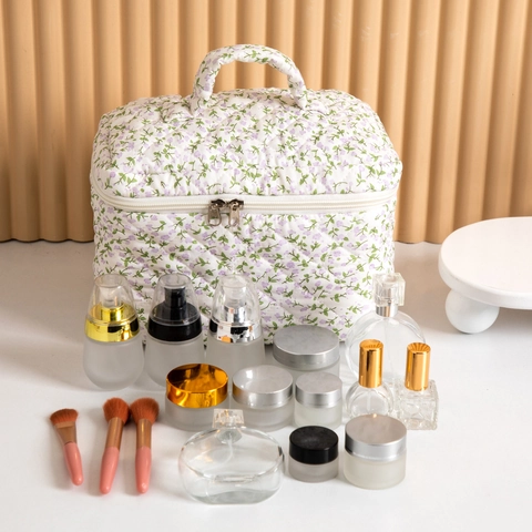 Borsa Cosmetica Trapuntata Floreale Grande Capacità Pochette Da Trucco Da Viaggio Con Manico Organizzatore Per Articoli Da Toeletta Donna