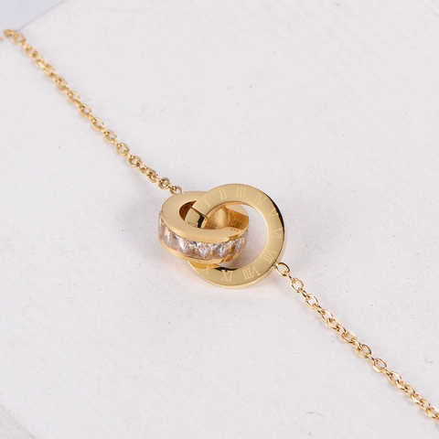 In Elkaar Grijpende Dubbele Ring Hanger Ketting Romeinse Cijfers Roestvrij Staal Zirconia Vergulde Sieraden Voor Vrouwen