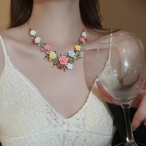 Collana Orecchini Fiori Rosa Strass Resina Foglia Lega Gioielli Con Perla Artificial Argento Perno Orecchini Floreale Vintage Francese