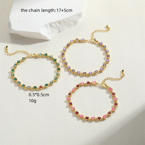 Bracciale Vintage in Rame Oro Cuore Malocchio per Donna Multicolore Zirconia Smalto Bracciale a Maglie Catena a Mano Regolabile