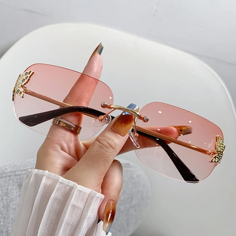 Rimless Sunglasses With Metal Butterfly Rhinestone Decoration Gradient PC Lens UV400 Protection Square Fashion Women Eyewear