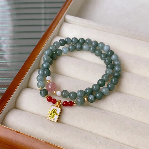 New Chinese Style Red Agate Beaded Bracelet Double Layer With Gold Alloy Mahjong Fa Pendant Luck Jewelry For Women
