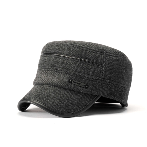 Herren Cadet Cap Fischgrätenmuster Wollmischung Flat Top Militärmütze Mit Kunstlederbesatz Verstellbar Warm Winter Herbst