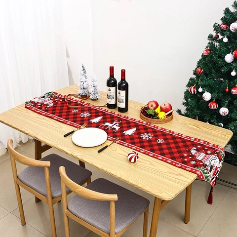 Camino De Mesa Navideño Tela De Punto Gnomo Reno Patrones De Copos De Nieve Con Borlas Decoración De Comedor