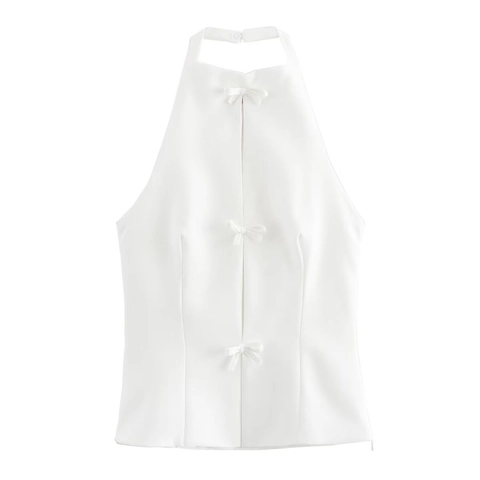 Women Halter Neck Crop Top Bow Decoration Backless Sleeveless Polyester Tank Top Solid Color