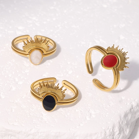Sonnenstrahl Sternschliff Offener Ring Edelstahl 18K Vergoldet Vintage Böhmisch Oval Emaille Verstellbarer Schmuck Damen