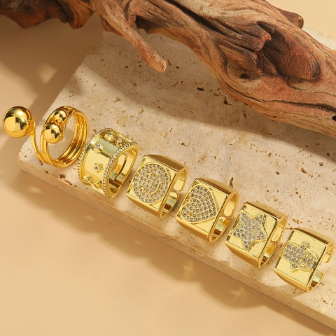 Vintage Kupfer Zirkon Ring Für Frauen Verstellbar Offen Fingerschmuck Herz Smiley Gesicht Hamsa Stern Trendiger Retro Stil