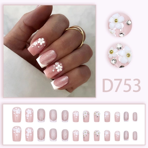 French Tip Press On Nails With 3D Flowers And Artificial Pearls Nude Pink Glitter Glossy Square Round Shape For Women