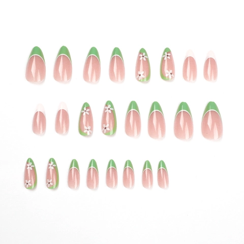 French Green Edge Press On Nails Long Almond White Daisy Flower Pattern Glossy Manicure Artificial Fingernails For Women