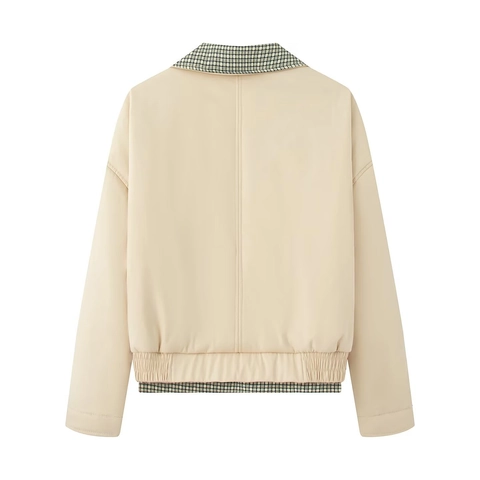 Γυναικείο Σακάκι Harrington με Καρό Patchwork Πέτο Φερμουάρ Μακρύ Μανίκι Casual Χαλαρό Αντιανεμικό Παλτό