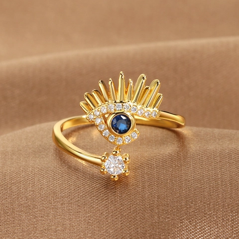 Evil Eye Open Adjustable Ring For Women Gold Silver Plated Copper Cubic Zirconia Eyelash Fashion Finger Jewelry Gift