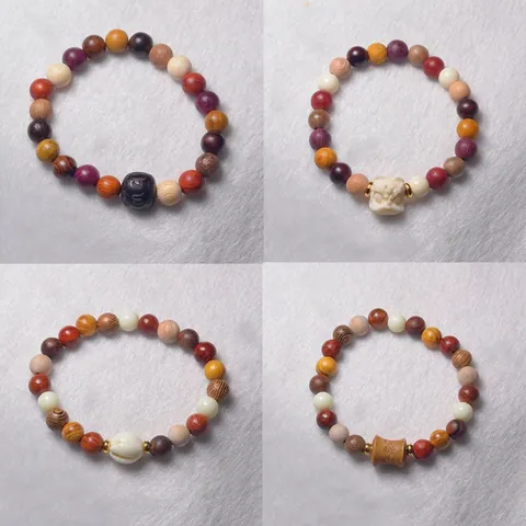 Wood Beaded Bracelet Multi Color Carved Lion Head Ethnic Zen Style Jewelry Accessory For Men Women