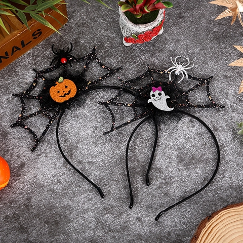 Cerchietto Halloween Per Bambini Glitter Rete Zucca Fantasma Ragnatela Accessori Capelli Plastica Resina