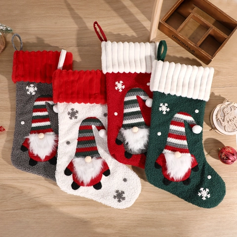 Christmas Stocking Gnome Plush Knitted Embroidered Snowflake Pattern Hanging Gift Bag Holiday Home Decoration Ornament