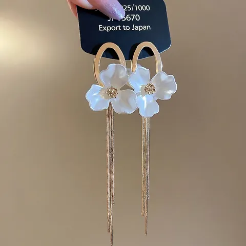 Elegante Bloemen Kwastje Hangoorbellen Met Hars Bloemblad Ovale Ring En 925 Sterling Zilveren Oorsteker Voor Dames