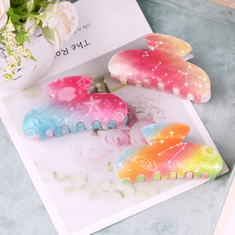 Pinza Para El Cabello Degradado Arcoíris Acrílico Resina Cielo Estrellado Patrón Concha Estrella De Mar Pinza Tiburón Para Mujeres Estilo Océano
