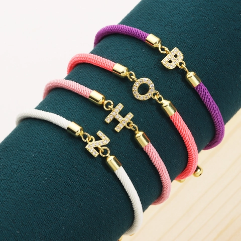 Alphabet Letter Pendant Braided Rope Bracelet Zircon Inlaid Copper Gold Plated Adjustable Fashion Jewelry